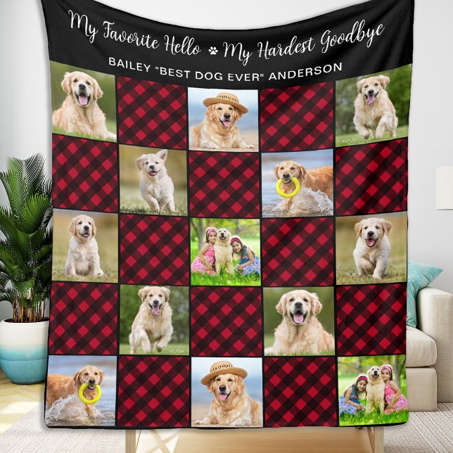 Pet Dog Memorial Personalised 13 Photo Red Plaid  Fleece Blanket (Creator Uploaded)