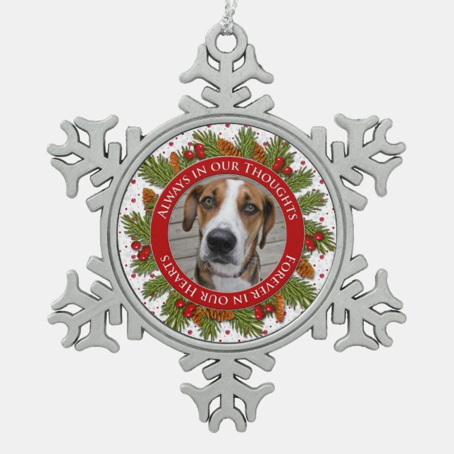Pet Dog Memorial Photo Christmas Pine Boughs Holly Snowflake Pewter Christmas Ornament (Front)