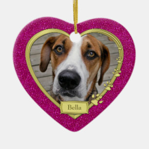 Pet Dog Memorial Photo Christmas Pink Gold Heart Ceramic Tree Decoration