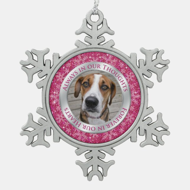 Pet Dog Memorial Photo Christmas Pink Silver Snowflake Pewter Christmas Ornament (Front)