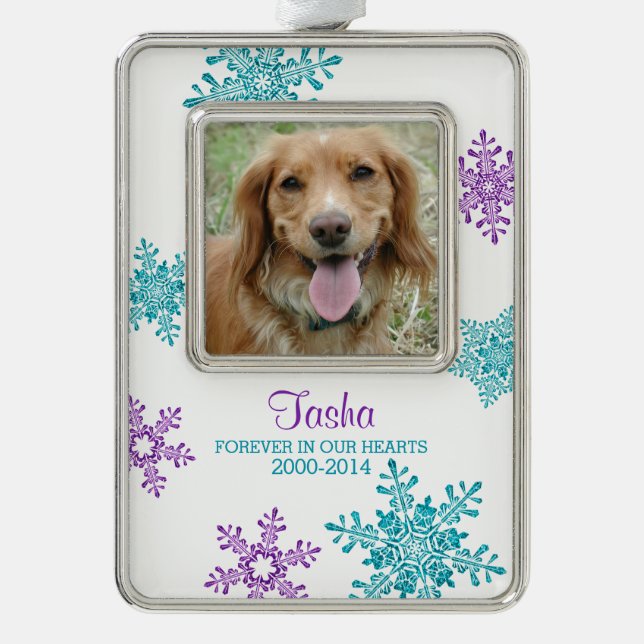 Pet Dog Memorial Photo Christmas Teal Purple Silver Plated Framed Ornament (Front)