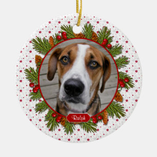 Pet Dog Memorial Pine Boughs Holly Photo Christmas Ceramic Tree Decoration