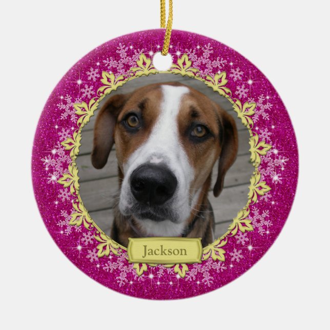 Pet Dog Memorial Pink Snowflake Photo Christmas Ceramic Tree Decoration (Front)