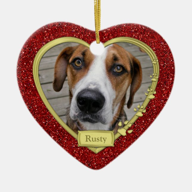 Pet Dog Memorial Red Photo Heart Christmas Ceramic Tree Decoration (Front)