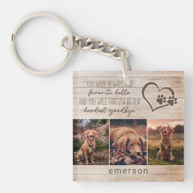 Pet Dog Memorial Rustic Wood Photo Collage Key Ring (Front)