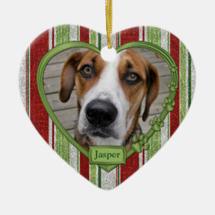 Pet Dog Memorial Stripes Photo Heart Christmas Ceramic Tree Decoration