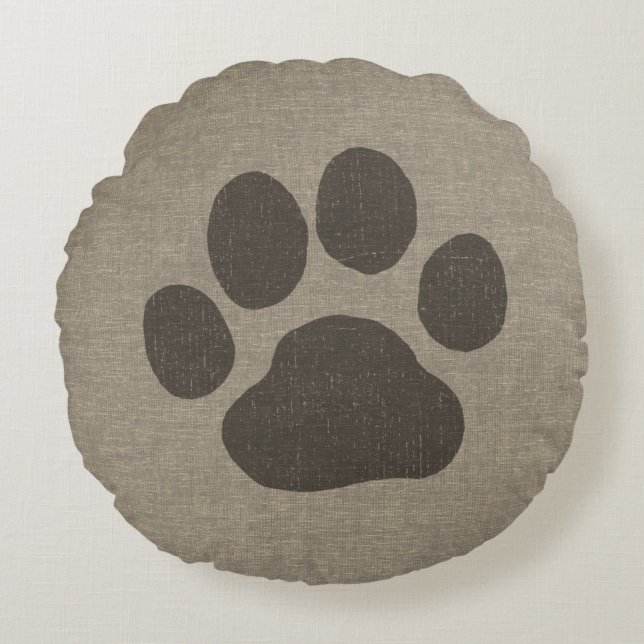 Pet Dog Paw Print | Faux Linen Burlap Style Round Cushion (Front)