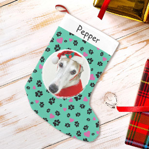 Pet Dog Photo Custom Name Cute Paw prints on Green Small Christmas Stocking