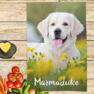 Pet Dog Photo Custom Name Elegant Keepsake Tea Towel