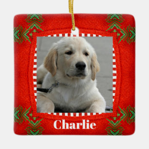 Pet Dog Photo Cute Red Green Christmas Ceramic Ornament
