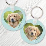 Pet dog photo inside heart with name aqua blue key ring<br><div class="desc">Aqua blue or custom colour keyring featuring your pets photo inside a heart with the name in a handwritten style script font. Double sided printing.</div>