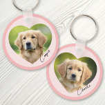 Pet dog photo inside heart with name pink border key ring<br><div class="desc">Pink or custom color keyring featuring your pets photo inside a heart with the name in a handwritten style script font and a darker pink border around the edge of the keyring. Double sided printing.</div>