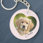 Pet dog photo inside heart with name pink key ring<br><div class="desc">Pink or custom colour keyring featuring your pets photo inside a heart with the name in a handwritten style script font.</div>
