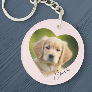 Pet dog photo inside heart with name pink key ring