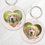 Pet dog photo inside heart with name pink key ring<br><div class="desc">Pink or custom color keyring featuring your pets photo inside a heart with the name in a handwritten style script font. Double sided printing.</div>
