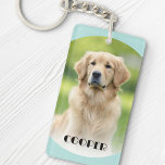 Pet dog photo light aqua blue curved borders name key ring<br><div class="desc">Keyring featuring your custom photo and your pets name with light aqua blue (or custom colour),  curved borders top and bottom. You can change colours and fonts,   as well as move and resize the photo in the design tool.</div>