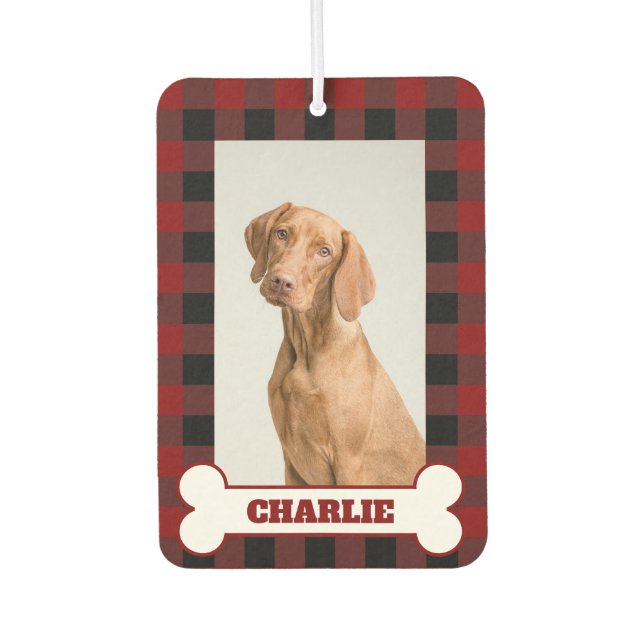 Pet Dog Photo & Name on Red & Black Buffalo Plaid Car Air Freshener (Front)