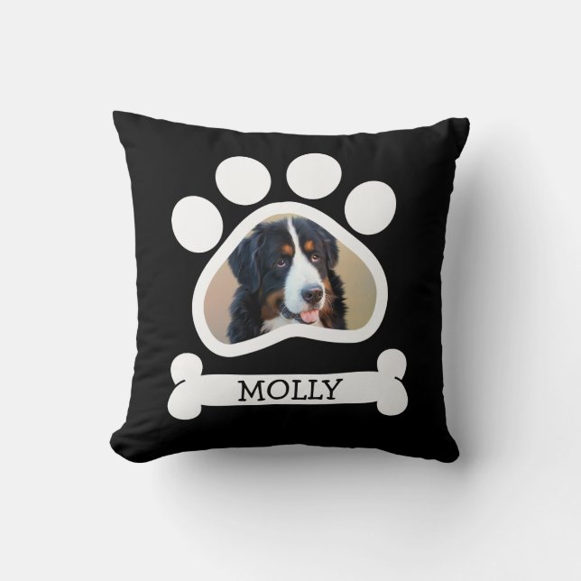 Pet Dog Photo Paw Print Black & White Cushion (Front)