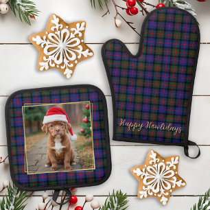 Pet Dog Photo Personalised Trendy Christmas Plaid Oven Mitt & Pot Holder Set