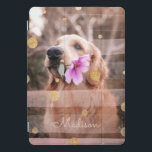 Pet Dog Photo Pink Ribbon Chic Gold Glitter Name iPad Pro Cover<br><div class="desc">This modern design features your favourite photo with a pink ribbon overlay and gold glitter polka dots,  personalised with your name. Perfect as a gift or to spoil yourself #personalizedgifts #photogifts #giftsforher #addyourown</div>
