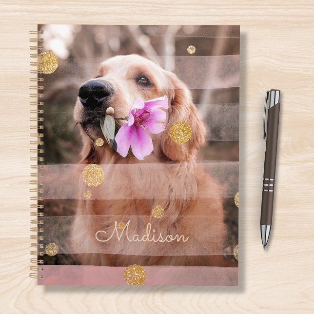 Pet Dog Photo Pink Ribbon Chic Gold Glitter Name Planner (Creator Uploaded)