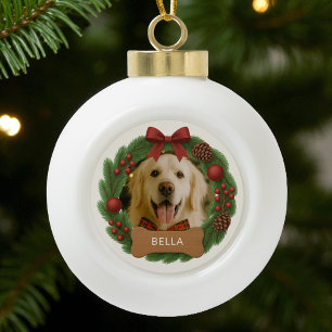 Pet Dog Photo Simple Holiday Christmas Wreath Ceramic Ball Christmas Ornament