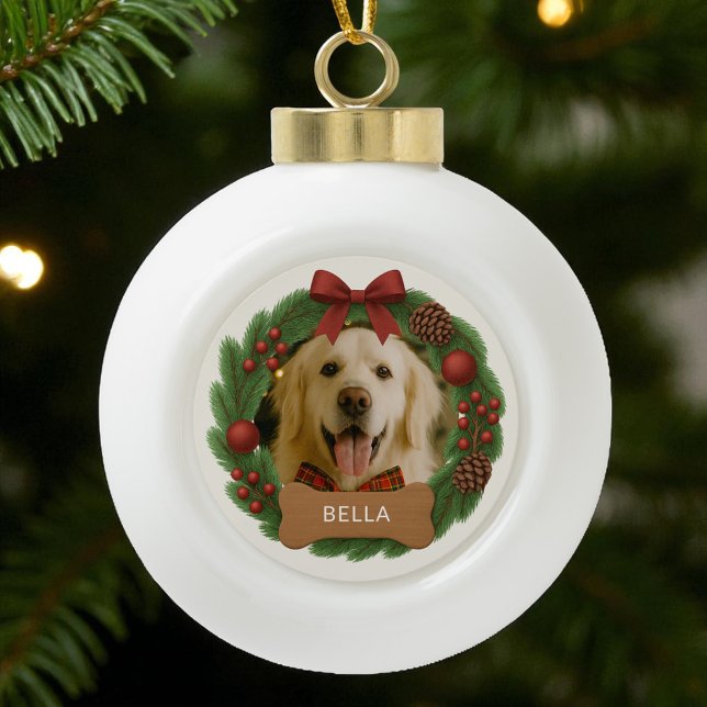 Pet Dog Photo Simple Holiday Christmas Wreath Ceramic Ball Christmas Ornament (Creator Uploaded)