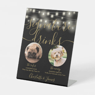 Pet Dog Signature Drinks String Lights Black Gold Pedestal Sign