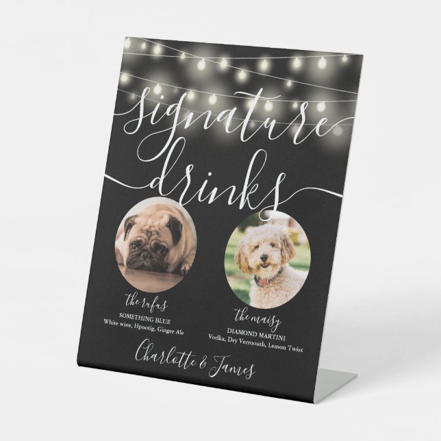 Pet Dog Signature Drinks String Lights Black White Pedestal Sign (Front)