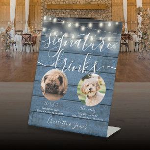 Pet Dog Signature Drinks String Lights Blue Wood Pedestal Sign