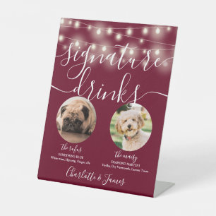 Pet Dog Signature Drinks String Lights Burgundy Pedestal Sign
