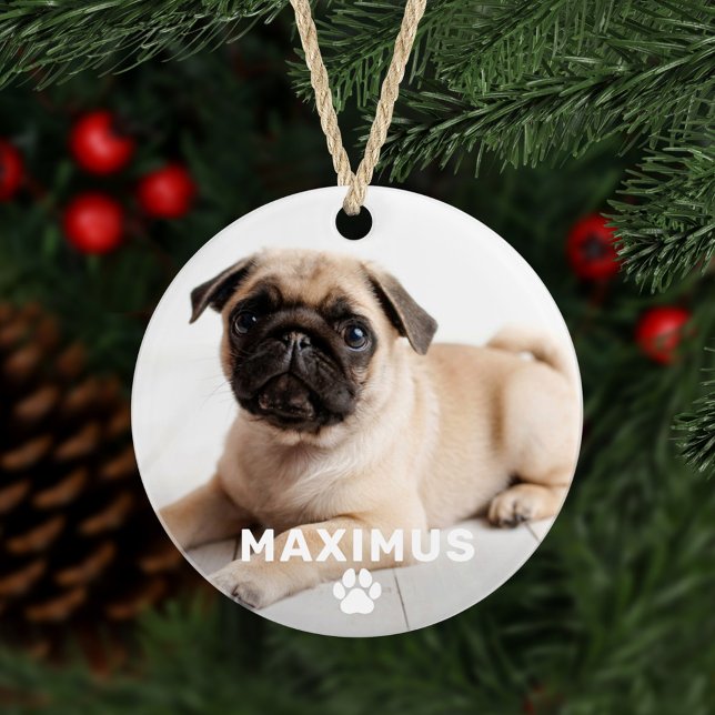 Pet Dog Simple Paw Print Custom Name Photo Ornament (Creator Uploaded)