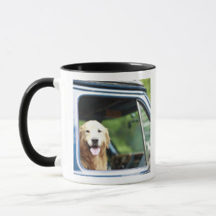 Pet dog sitting in a car mug