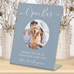 Pet Dog Wedding Open Bar Dusty Blue Custom Photo  Pedestal Sign
