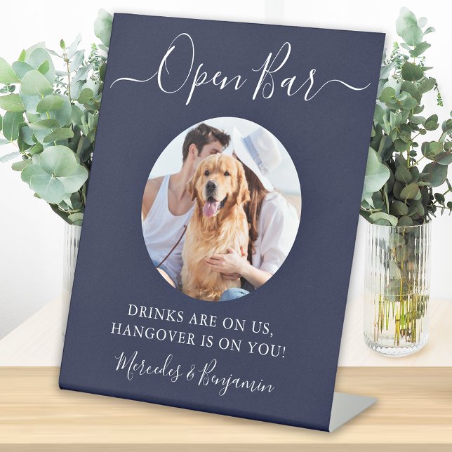 Pet Dog Wedding Open Bar Navy Blue Custom Photo  Pedestal Sign (Creator Uploaded)