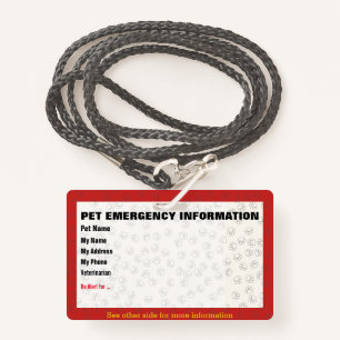 Pet Emergency Information Card Badge ID Badge