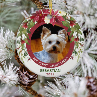 Pet First Christmas 2 photo 2 sided Floral Ceramic Tree Decoration