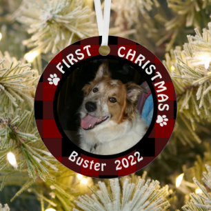 Pet FIRST CHRISTMAS Buffalo Plaid 2 Photo Name Metal Tree Decoration