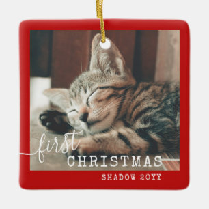 Pet First Christmas Photo Red Rustic Ceramic Ornament