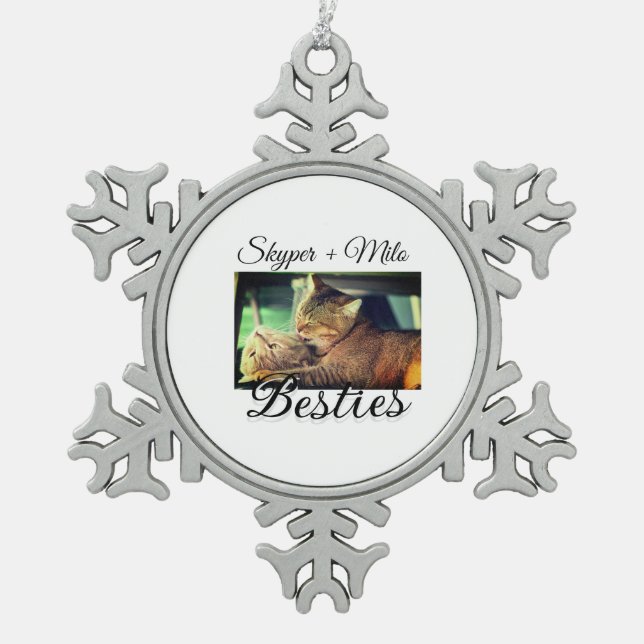 Pet friends besties add name pet photo animal love snowflake pewter christmas ornament (Front)