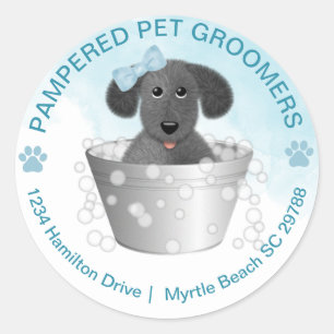 Pet Groomer Puppy in Tub Return Address Classic Round Sticker