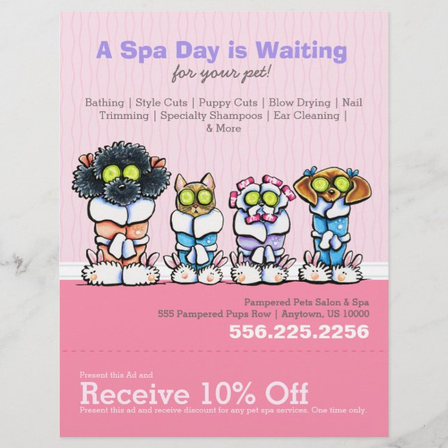 Pet Groomer Spa Dogs Cat Robes Pink Coupon Ad Flyer (Front)