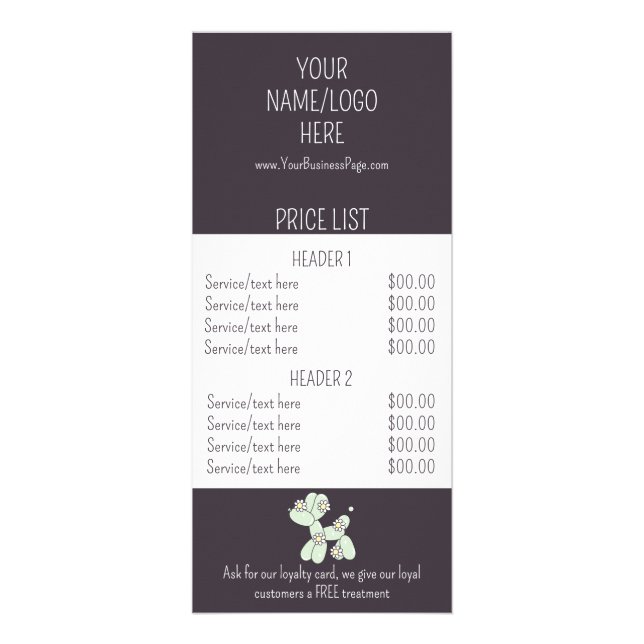 Pet grooming balloon dog service price list rack card (Front)