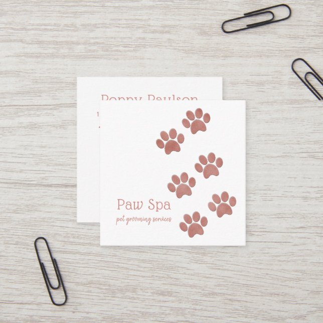 Pet Grooming Business Rose Gold Paw Prints Square Business Card (Front/Back In Situ)