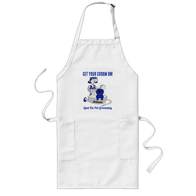 Pet Grooming Salon Custom Name in Blue Long Apron (Front)