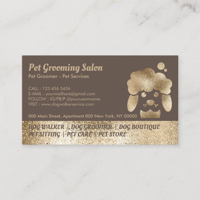 Pet Grooming Salon Gold Sparkle brown Business Card (Front)