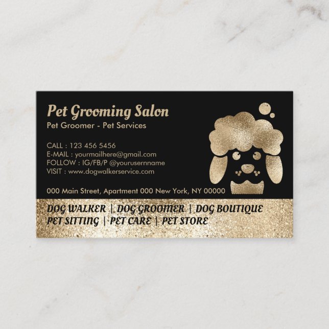 Pet Grooming Salon Gold Sparkling Business Card (Front)