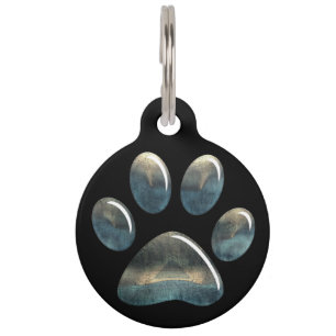 Pet ID Tag - Pewter Effect Paw Print on Black