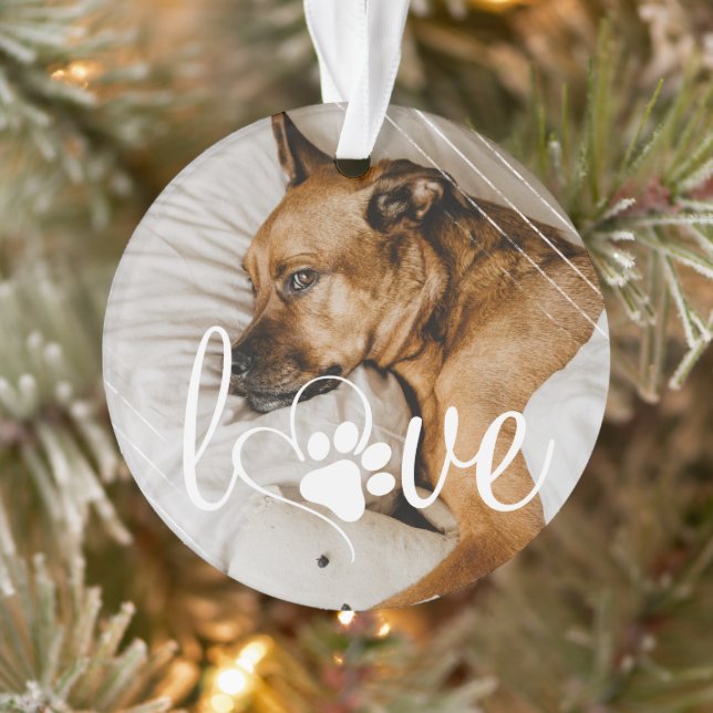 Pet Life Love | Paw Print Heart Script Quote Photo Ornament (Tree)