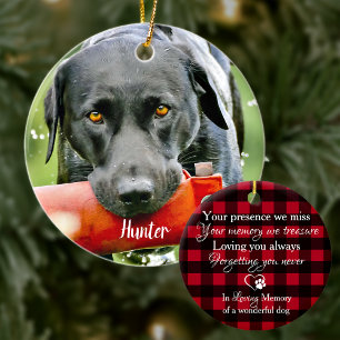 Pet Loss Dog Photo Red Buffalo Plaid Pet Memorial Ceramic Tree Decoration